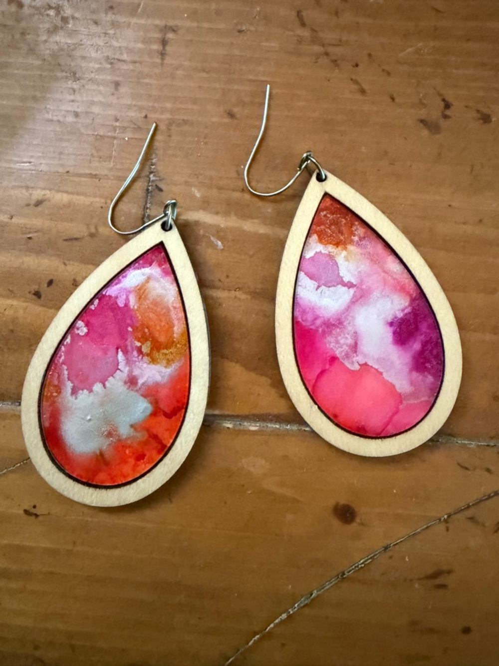 Handmade Pink & Orange Teardrop Wood Inlay Earrings